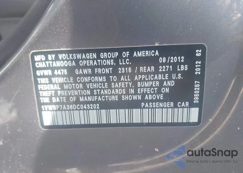 2013 Volkswagen Passat 2.5L Se из США, поврежденный, VIN 1VWBP7A36DC043202